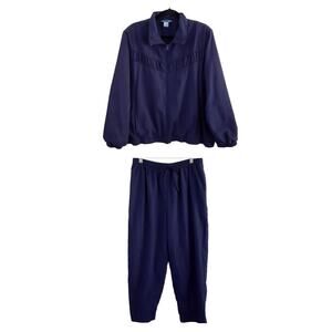 Vintage 80s Track Suit Set Navy Blue Full Zip Up Warm Ups Womens L/1X Retro